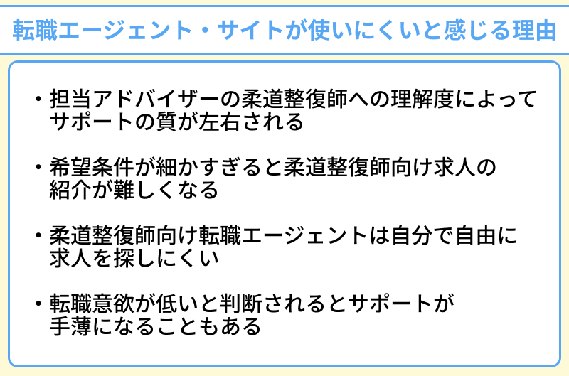 柔道整復師向け転職エージェント・サイトが使いにくいと感じる理由のイラスト