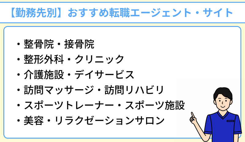 【勤務先別】柔道整復師向けおすすめ転職エージェント・サイトのイラスト